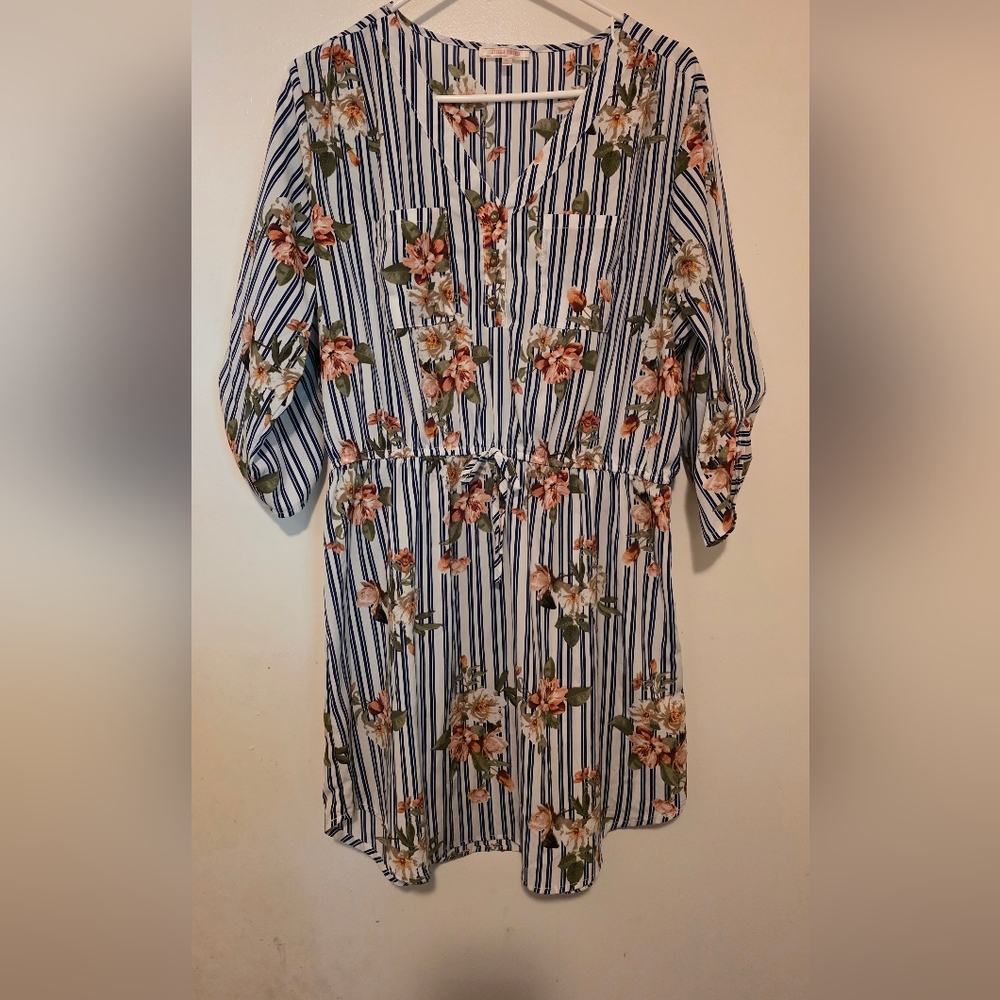 Stella Tweed Blue and Pink Floral Striped T-shirt Dress
